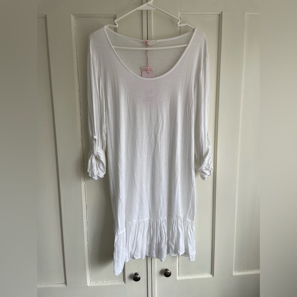 Scandal Italy White Dress M/L Sheer Summer Scoop Neck Viscose Blend Bridal NWT